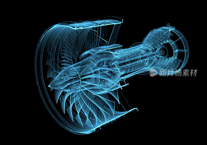 喷气发动机涡轮(3D x射线蓝色透明)